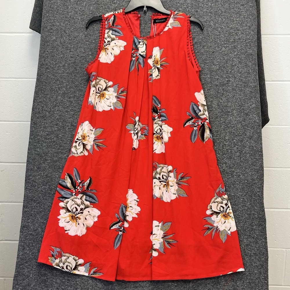 NWT Hawaiian Floral Flare Midi Dress Size L Red Tropical Sleeveless Resort